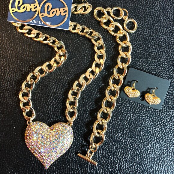 Gold AB Rhinestone Heart Necklace Cuban Link Chain Bracelet Set + 2 Earrings - Picture 2 of 13
